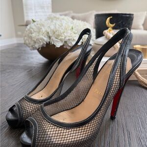 Christian Louboutin Black Mesh Peep-Toe Heels with protected sole covers